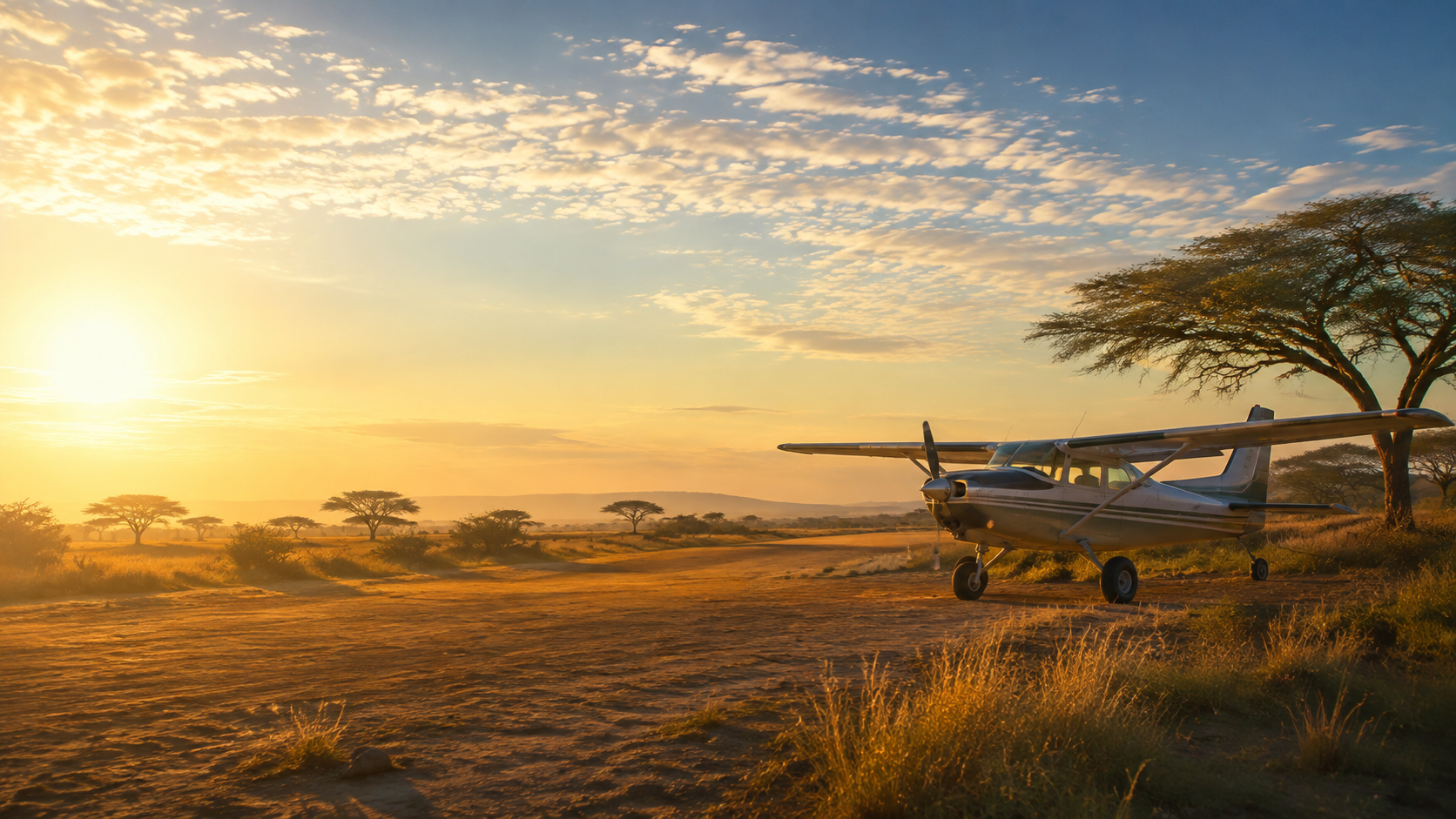 Small aircraft near a remote safari airstrip at sunrise